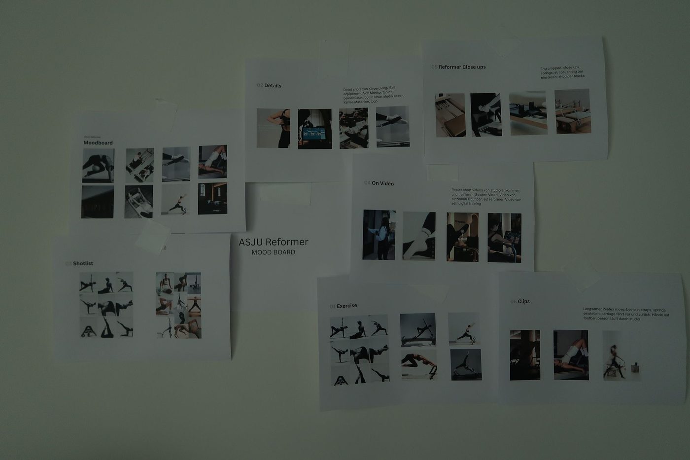 Moodboard mit Übungsreihen an der Studiowand